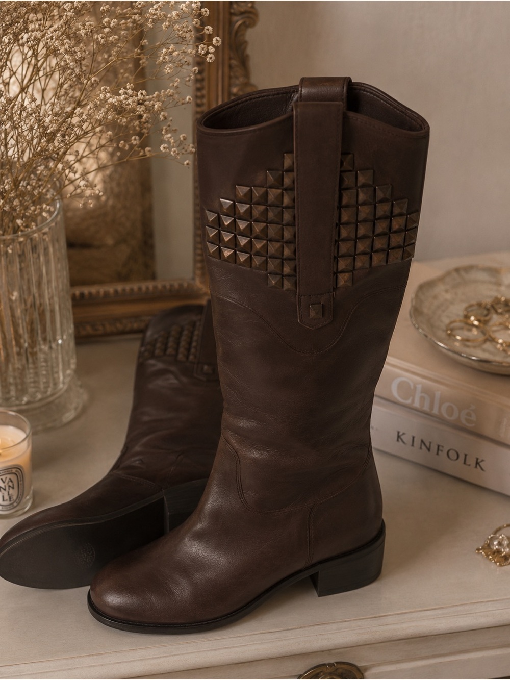 NWT Chocolate Brown Studded Riding Boots • Wide Width EEE • Women’s 10